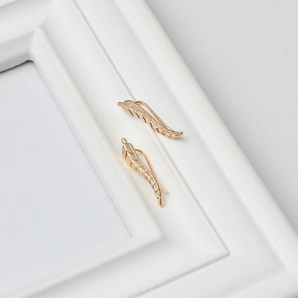 Gold Feather Leaf Stud Earrings - Picture 2 of 8
